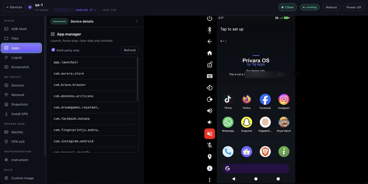 App manager in the Privara console listing installed apps with launch, stop, clear-data and uninstall