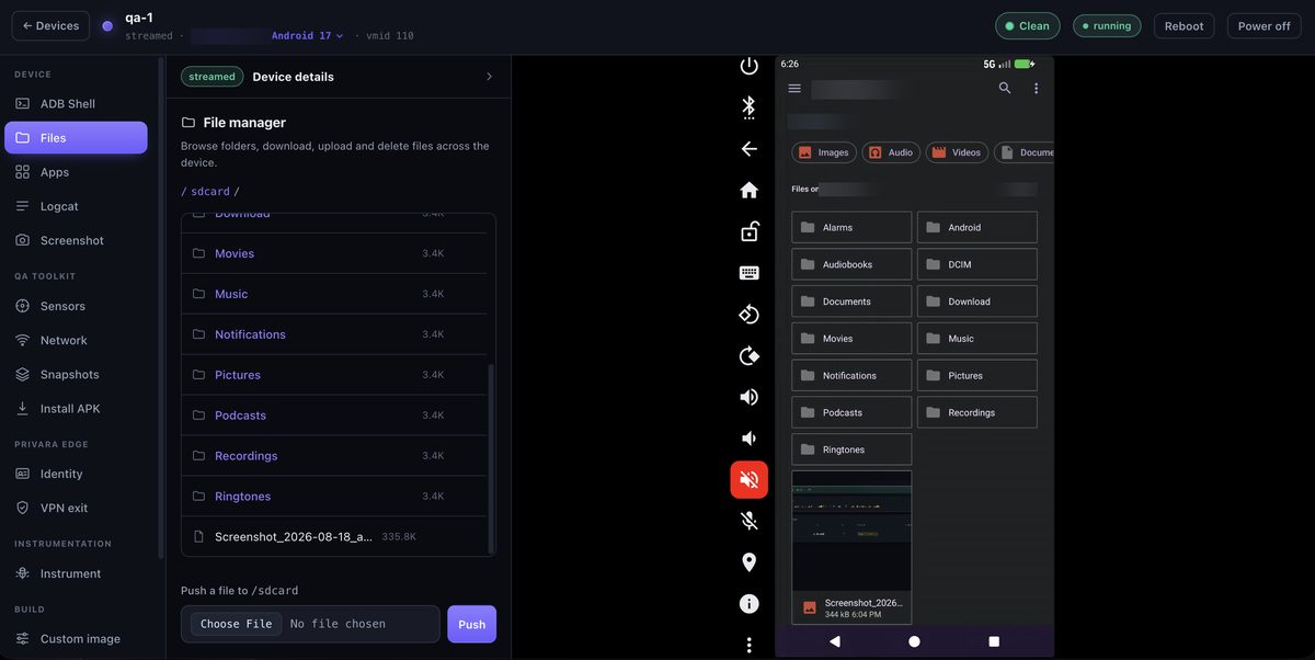 File manager in the Privara console browsing the Android device filesystem with upload and download