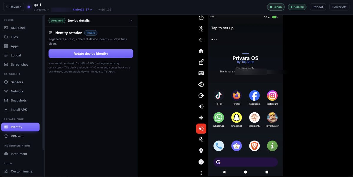 Live device identity rotation in the Privara console — serial, Android ID, IMEI and GAID