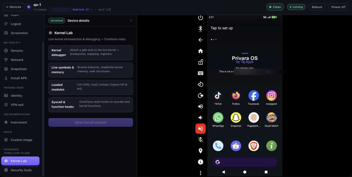 Kernel Lab preview in the Privara console