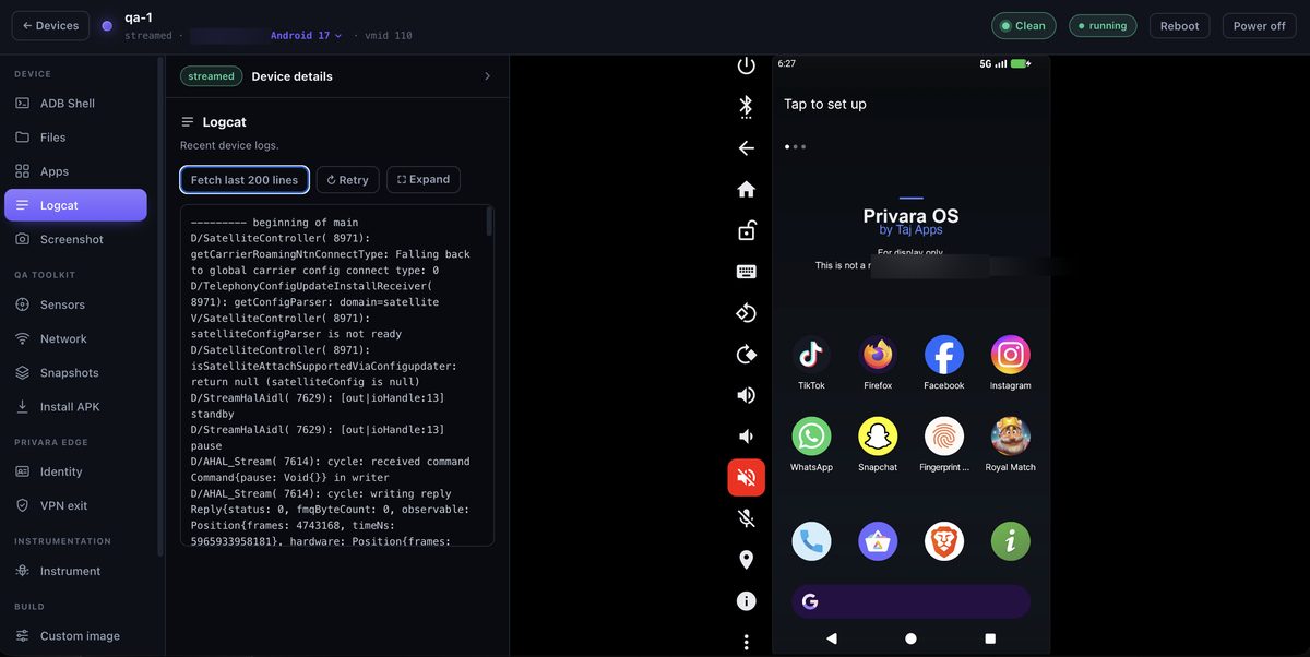 Live logcat streaming in the Privara cloud Android console