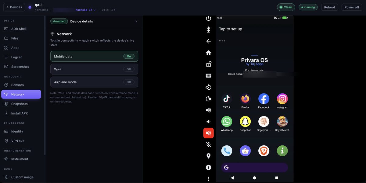 Network shaping controls in the Privara console to throttle or drop connectivity