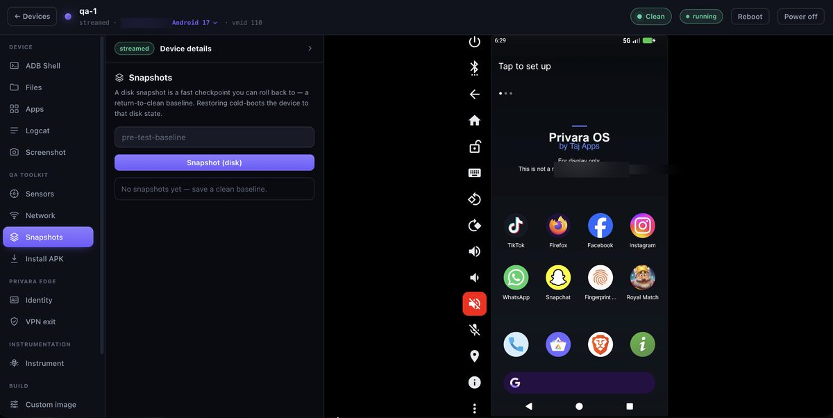 Snapshots in the Privara console — save, restore and clone full Android device state